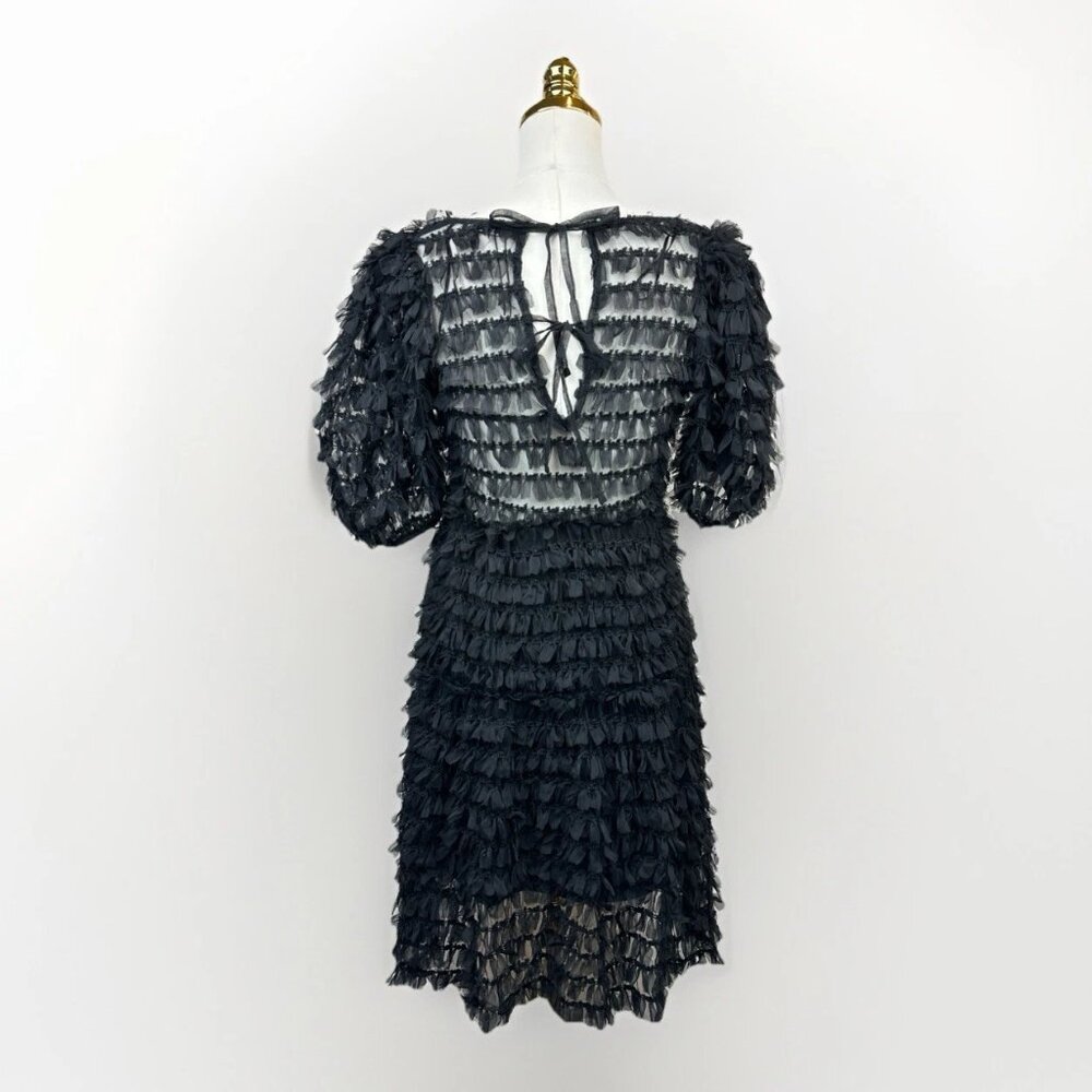 ✨ NWT Zara Black Tulle Fringe Mini Dress Small Puff Sleeve Ruffle 🖤 - Picture 12 of 16
